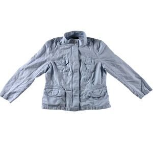 Talbot's Field Jacket Women Blue Cotton Linen Mock Neck Utility Coat Size 16